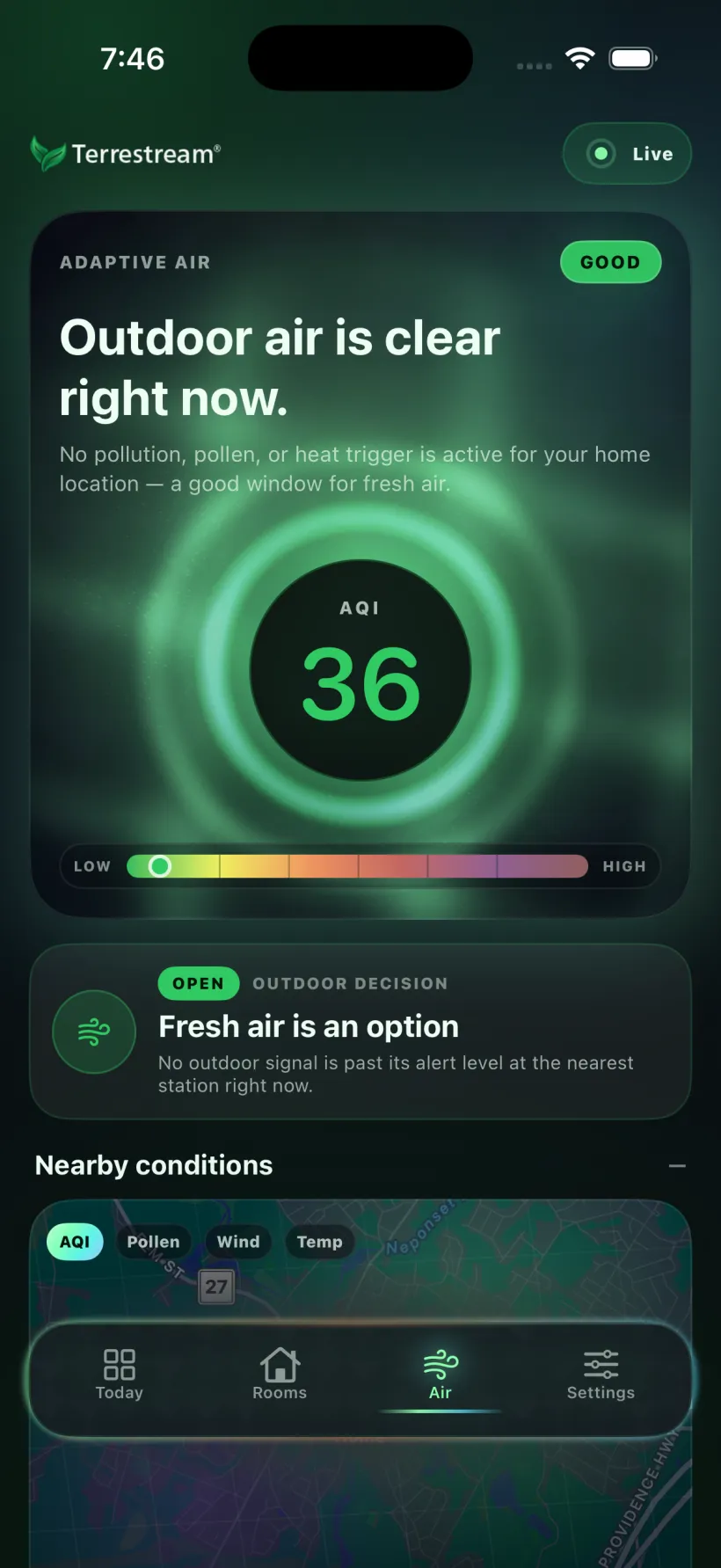 Terrestream app Air screen showing outdoor air quality and a ventilation recommendation