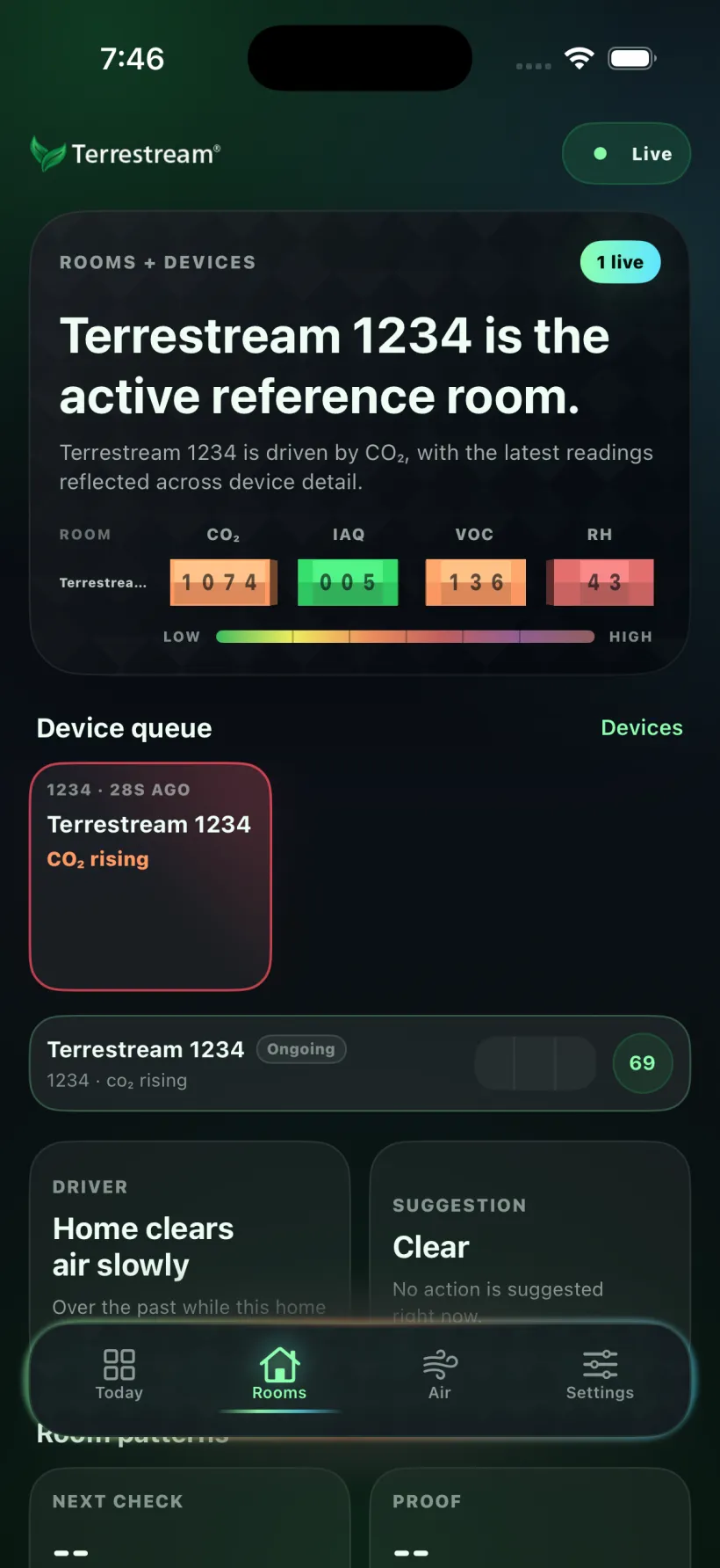 Terrestream app Rooms screen showing per-device readings and a suggestion
