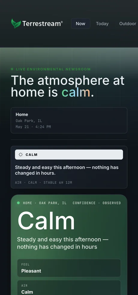 Terrestream mobile app showing indoor air-quality insights