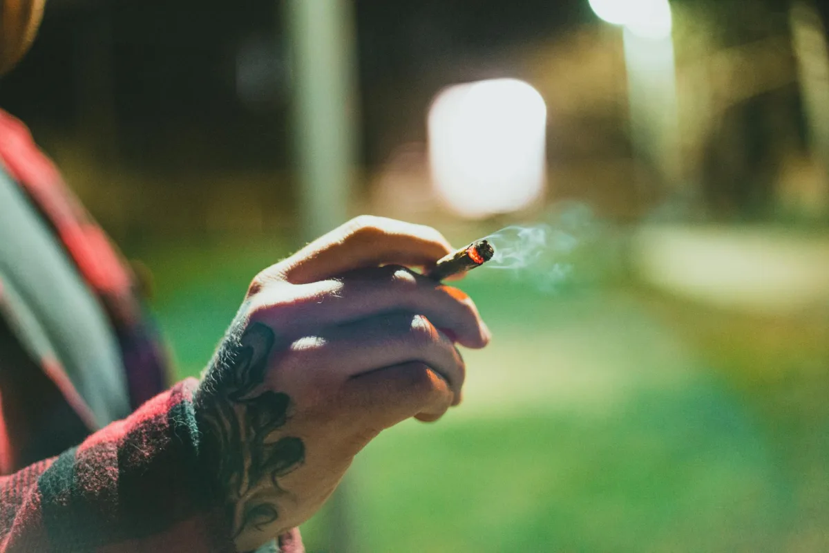 A composition-stack chart comparing the dominant emission components of a cigarette, a vape pen, a cannabis joint, and a cannabis concentrate session, with PM<sub>2.5</sub>, CO, VOC index, and aerosol-borne actives broken out.