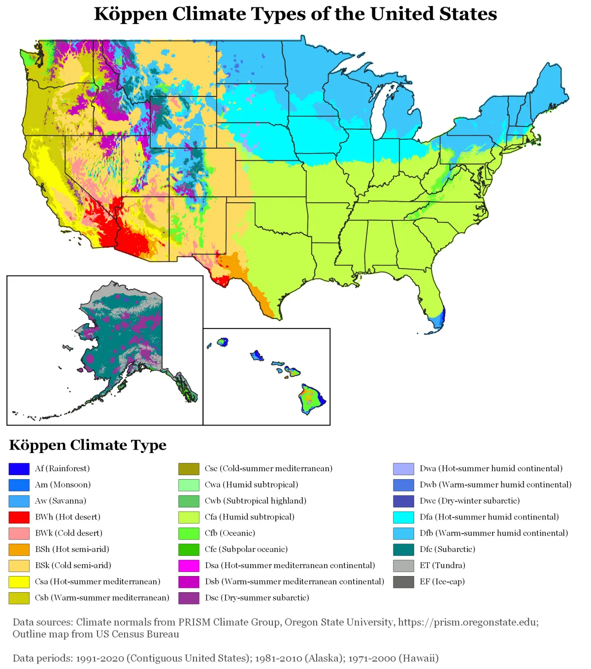 Köppen climate types of the United States, shaded by zone with a full legend.