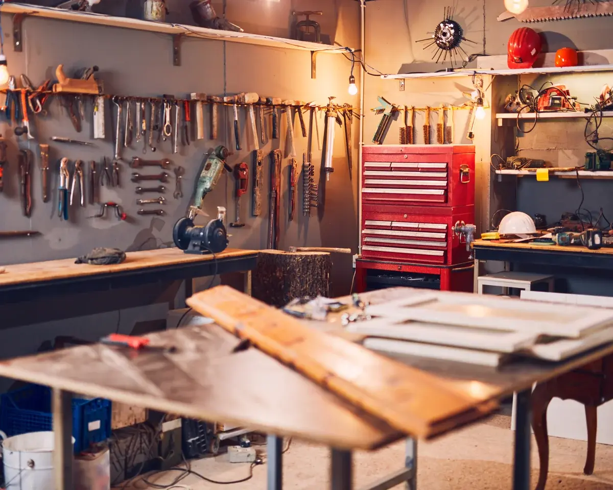 Garage workspace scene used as reset and handoff context.