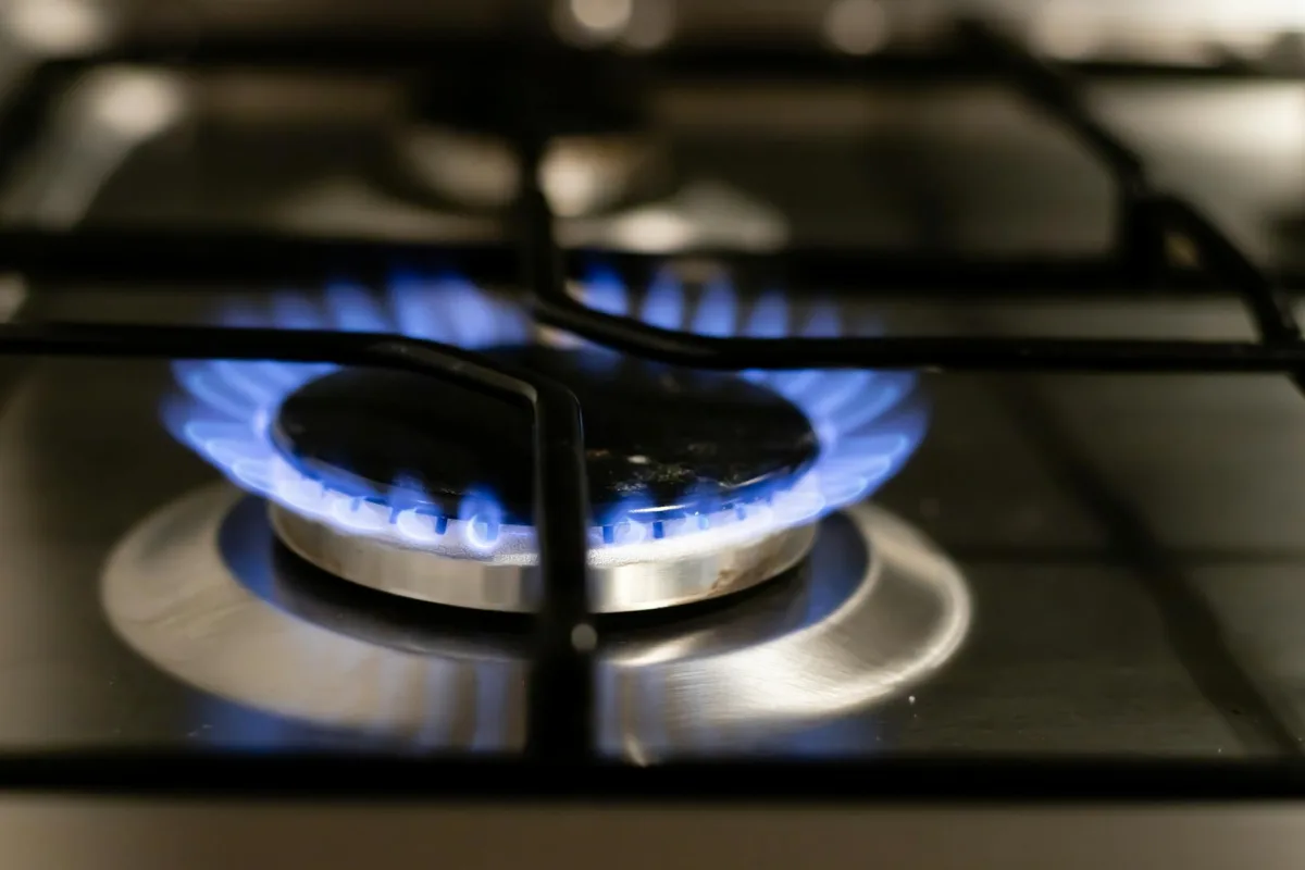 A blue gas-stove flame photographed close-up, slightly defocused, with subtle motion blur.