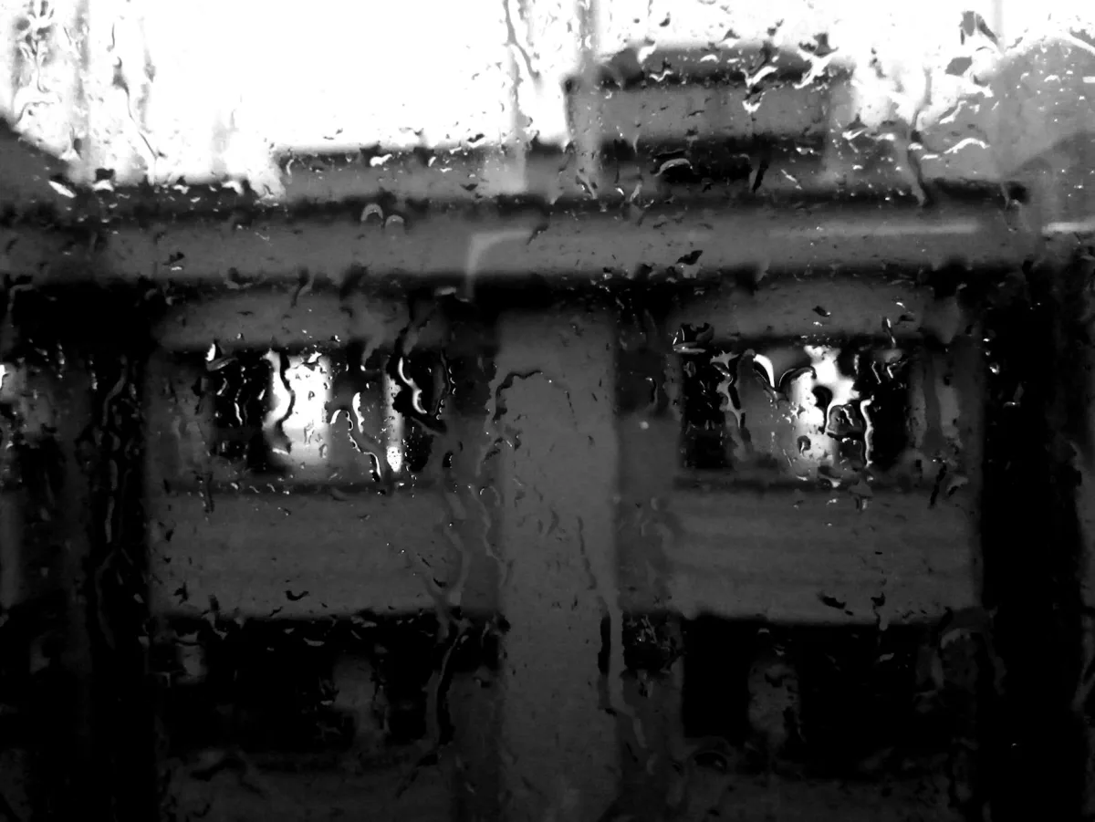 A rainy day viewed through a window, droplets streaking the glass against a soft-green outdoor backdrop.