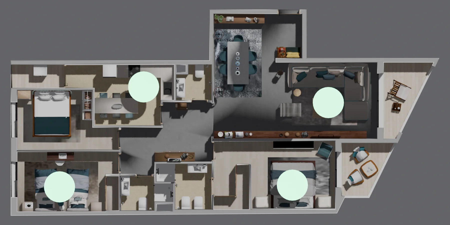 Top-down floor plan with sensor-placement markers