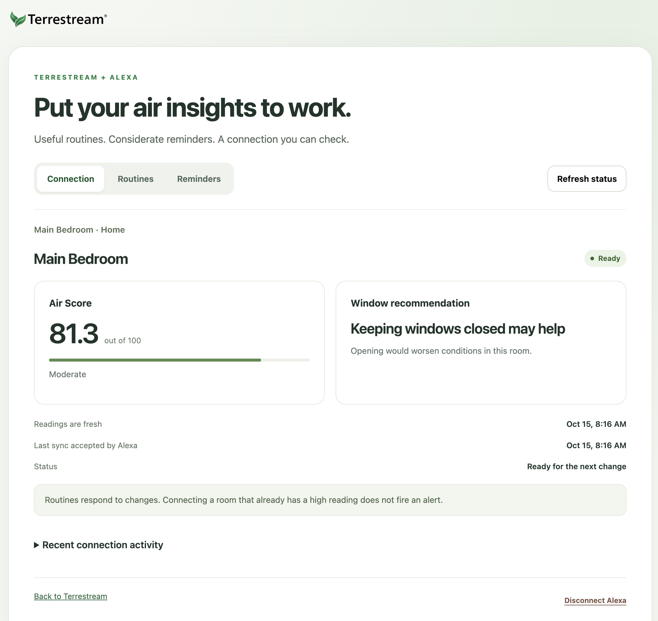 Terrestream Alexa manager Connection tab showing Ready and fresh readings