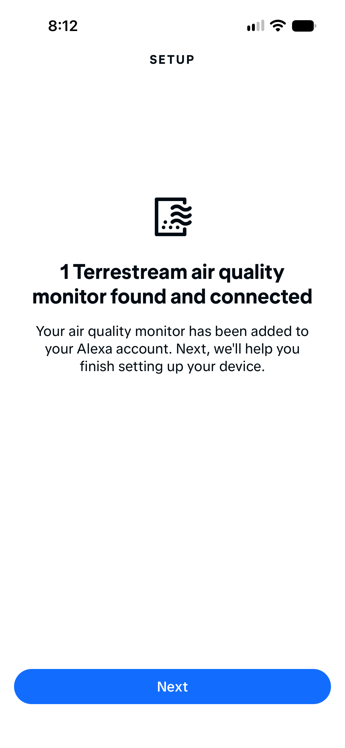 Alexa confirms one Terrestream air quality monitor found and connected