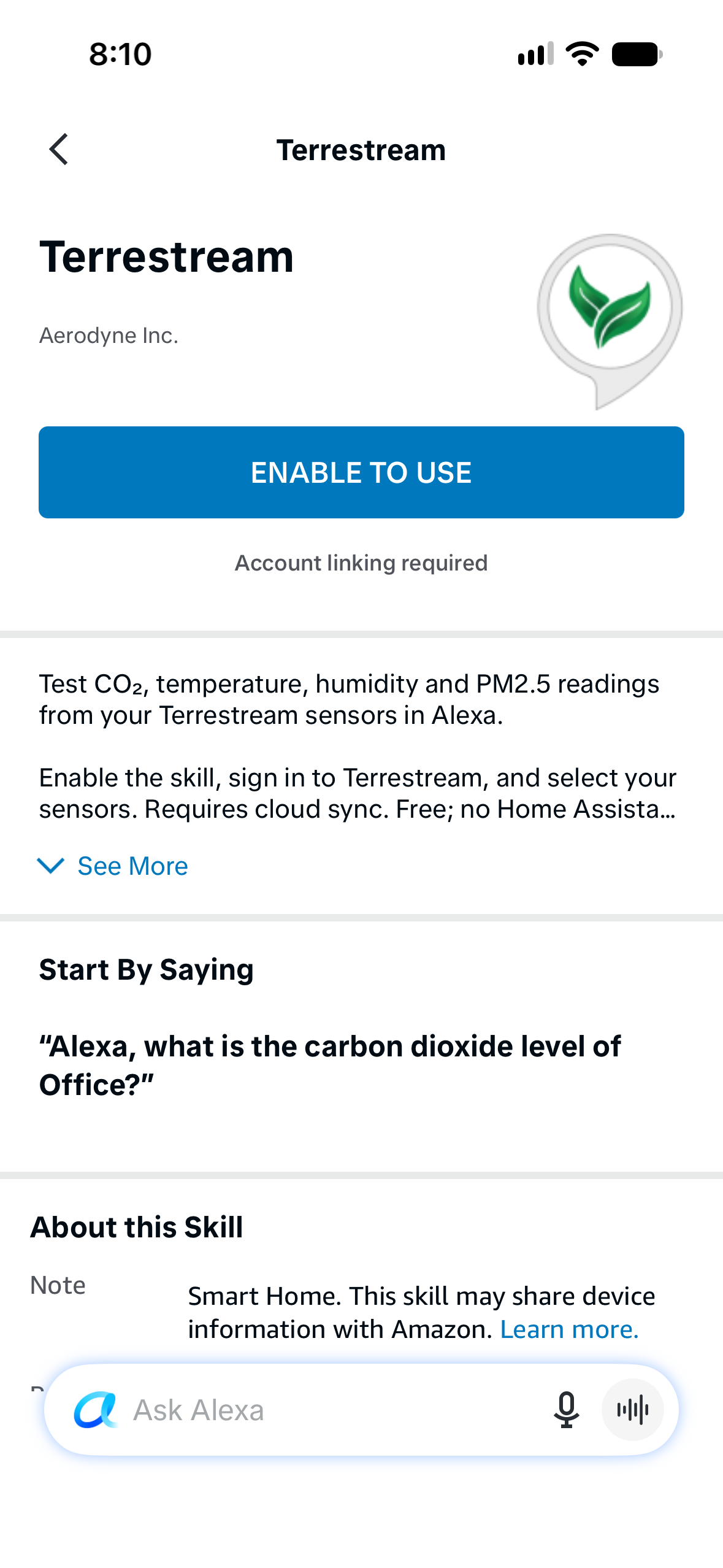 Terrestream skill page with Enable to Use