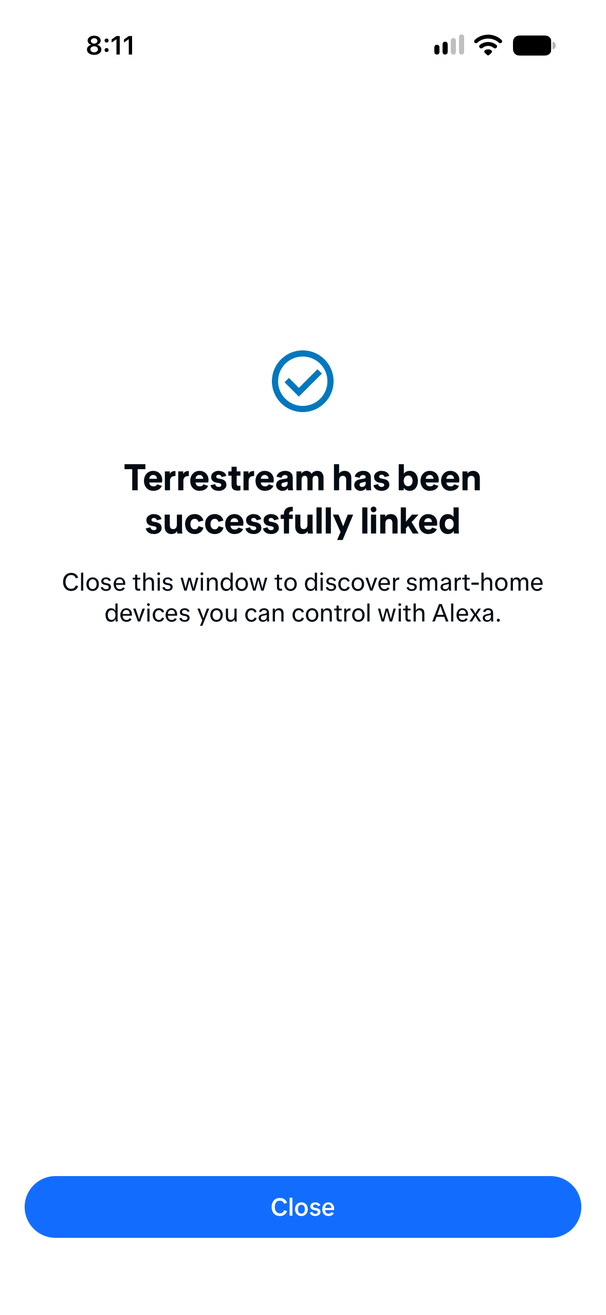 Terrestream has been successfully linked with a Close button