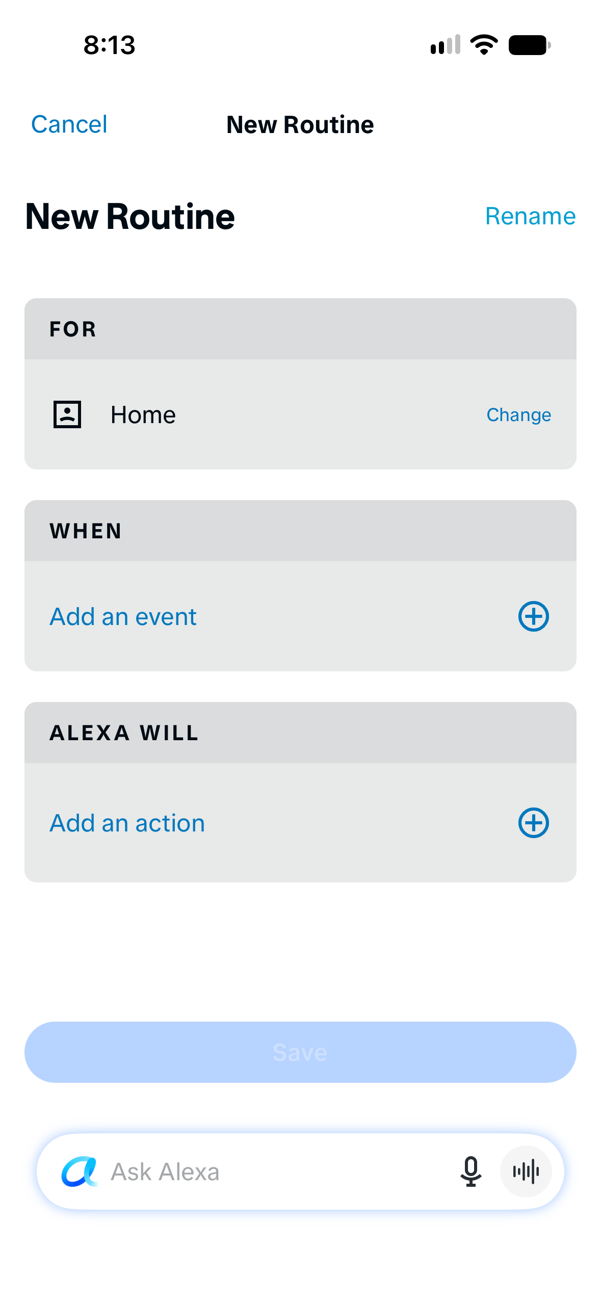 New Routine with Add an event and Add an action