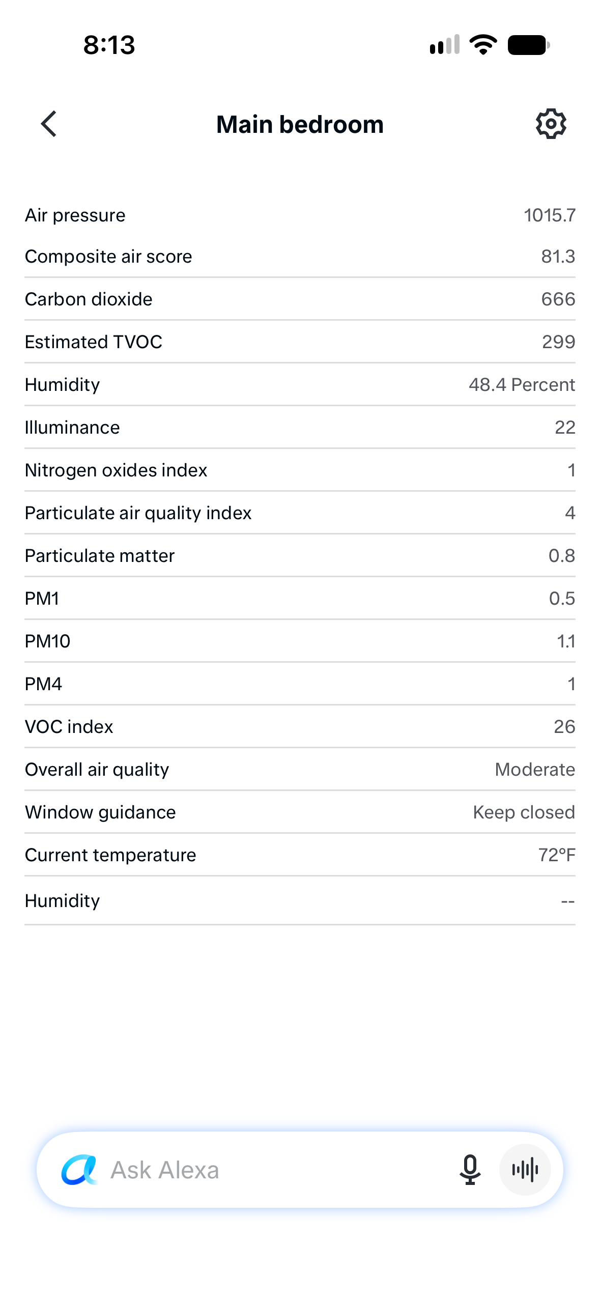 Main bedroom device page with current sensor readings, composite air score and window guidance