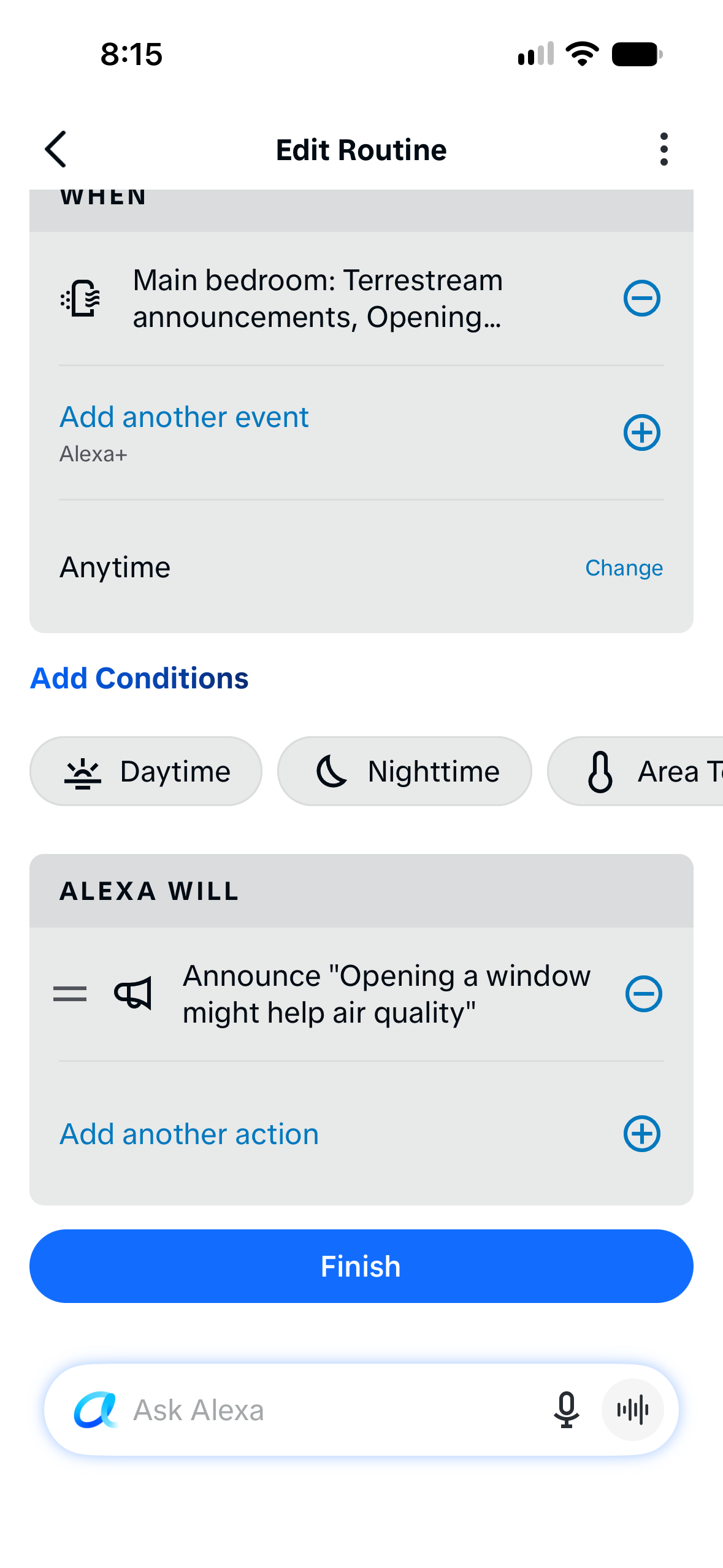 Saved window-opening trigger with a spoken announcement action and Finish button