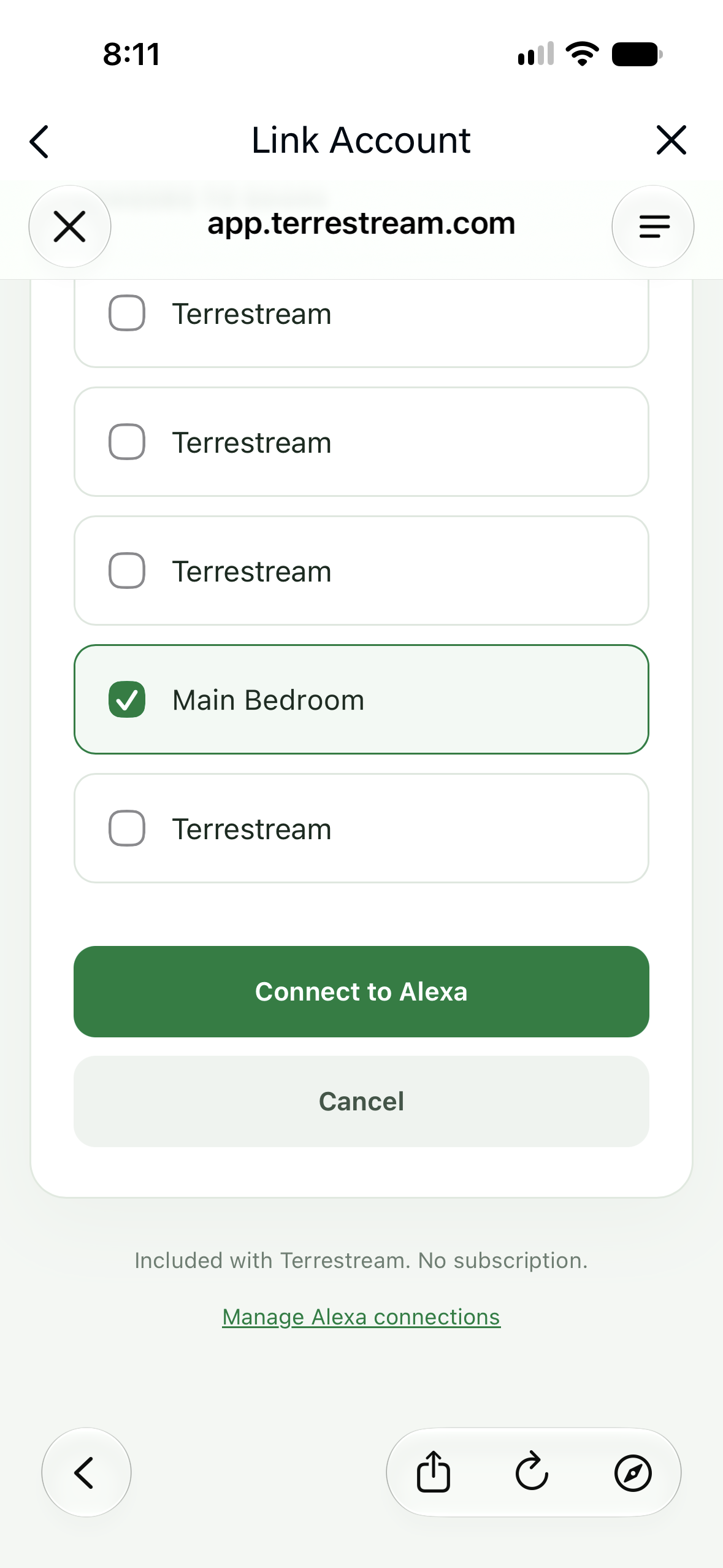 Main Bedroom selected in Sensors to share above Connect to Alexa