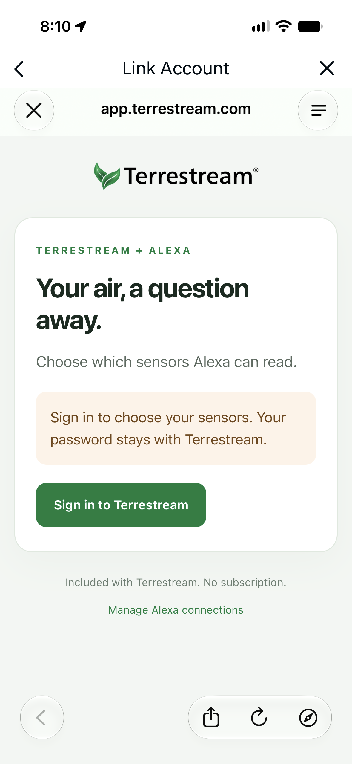 Terrestream account linking page with Sign in to Terrestream