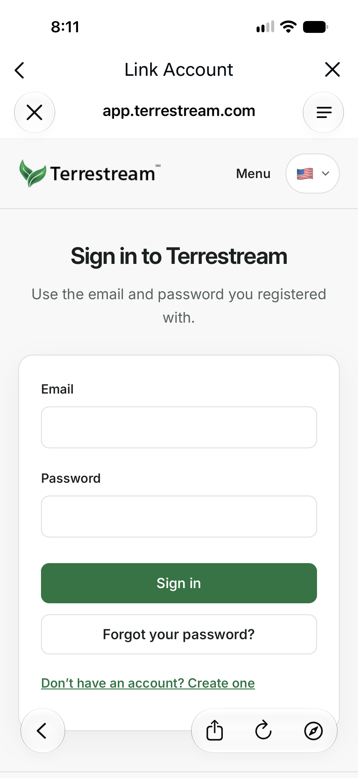 Terrestream sign-in form with empty email and password fields