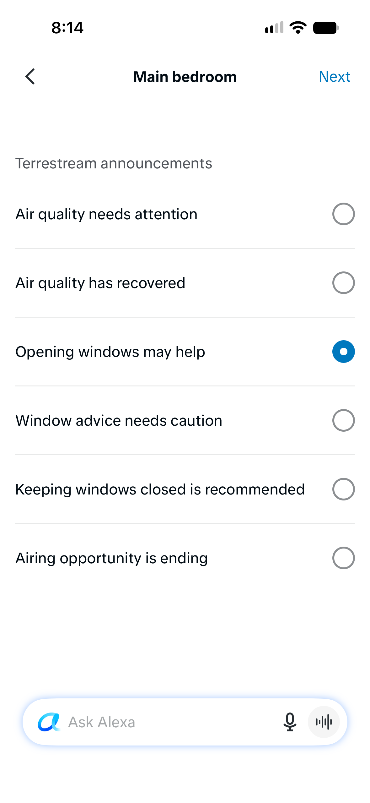 Opening windows may help selected as the Terrestream announcement trigger