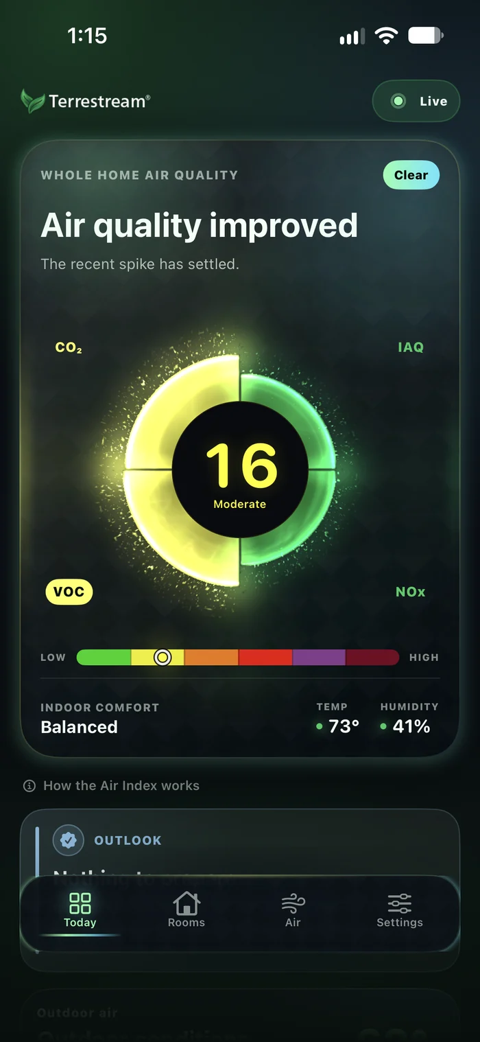 Actual Terrestream app screenshot: Air quality improved, with room air quality and comfort readings