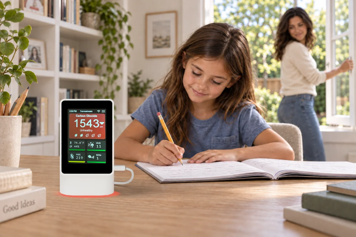 Girl doing homework while her mother opens a window; sensor shows elevated CO2