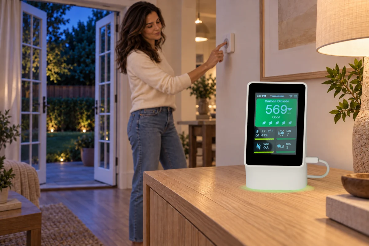 Sensor with green status light as a woman adjusts the thermostat on a cool evening