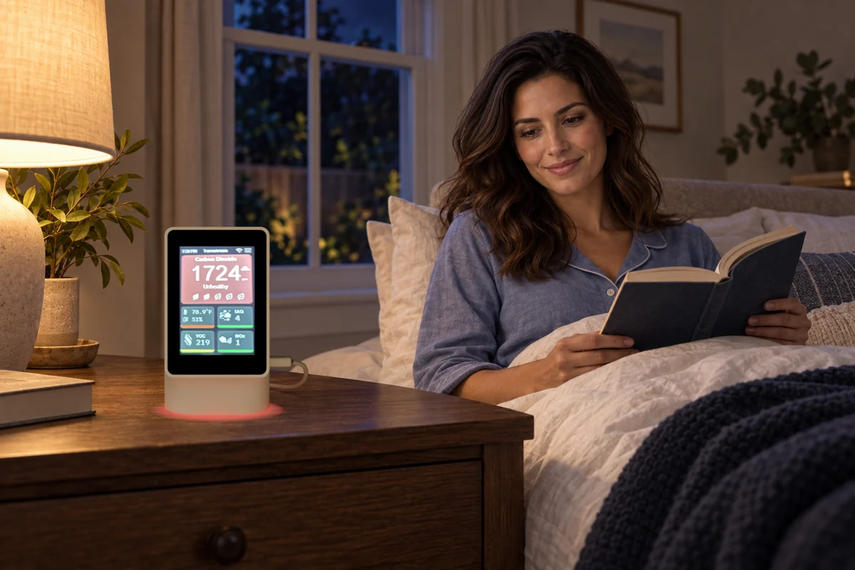 Sensor with red status light beside a woman reading in bed at night