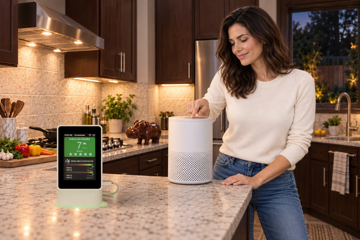 Sensor on a kitchen counter as a woman turns on an air purifier before cooking