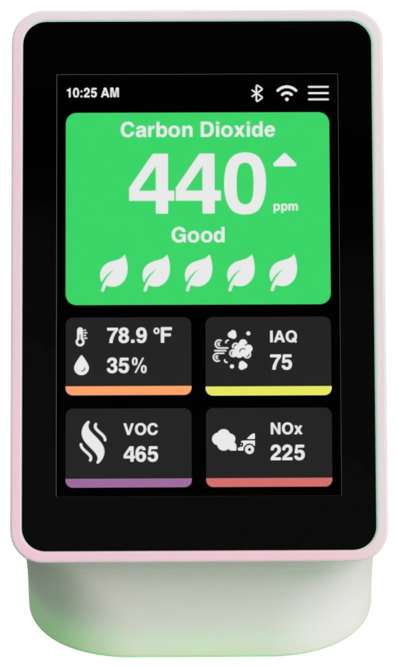 Terrestream device screen showing Carbon Dioxide at 440 ppm, Good status, plus temperature, IAQ, VOC, and NOₓ tiles