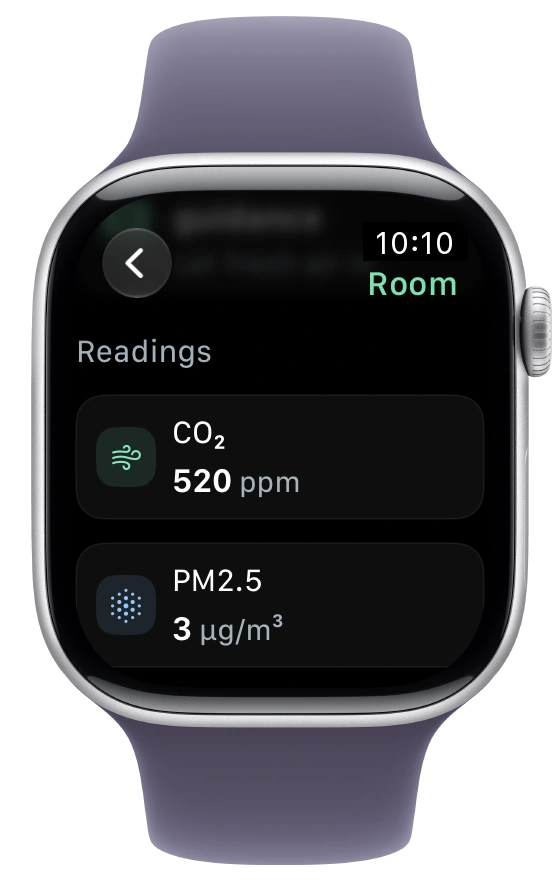 Terrestream on Apple Watch showing CO₂ and fine-particle readings