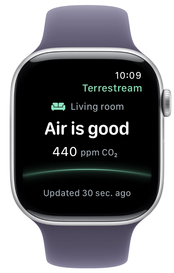 Terrestream on Apple Watch: Living room, Air is good, CO₂ 440 ppm