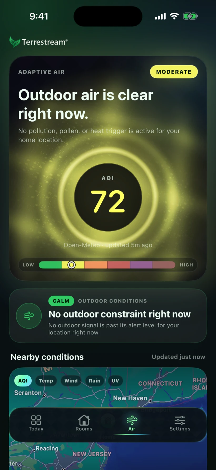 Terrestream app Air preview with example data showing US AQI 72, source age, outdoor assessment, and a nearby-conditions map