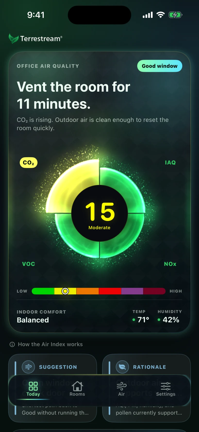 Terrestream app Today preview with example data recommending 11 minutes of ventilation and showing Indoor Air Index 15